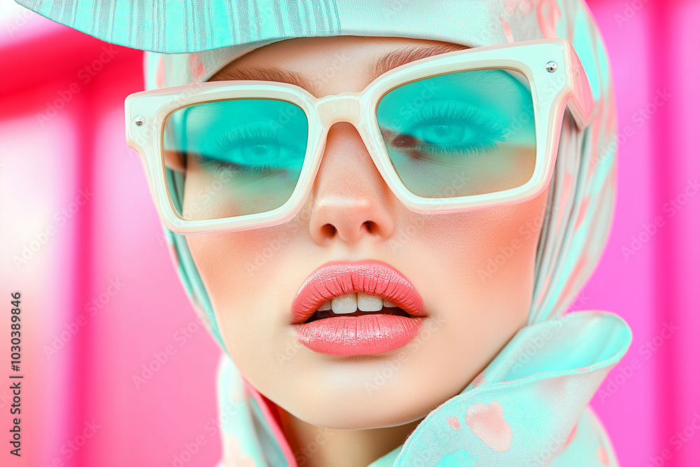 A striking close-up of a woman in oversized turquoise sunglasses on a vibrant pink background. Bold and colorful fashion with a retro-futuristic flair. A striking close-up of a woman in oversized turquoise sunglasses on a vibrant pink background. Bold and colorful fashion with a retro-futuristic flair.