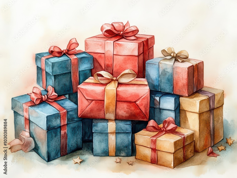 Fototapeta premium a beautifully illustrated stack of gifts in watercolor, adorned with ribbons and bows, set against a soft background, capturing the spirit of giving and celebration for special occasions