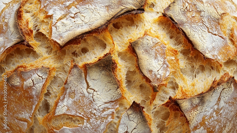 Top View Close-Up of Crusty Bread with Golden-Brown Textured Crust, Visible Cracks, and Soft, Airy Interior Highlighting Tenderness and Freshness Top View Close-Up of Crusty Bread with Golden-Brown Textured Crust, Visible Cracks, and Soft, Airy Interior Highlighting Tenderness and Freshness