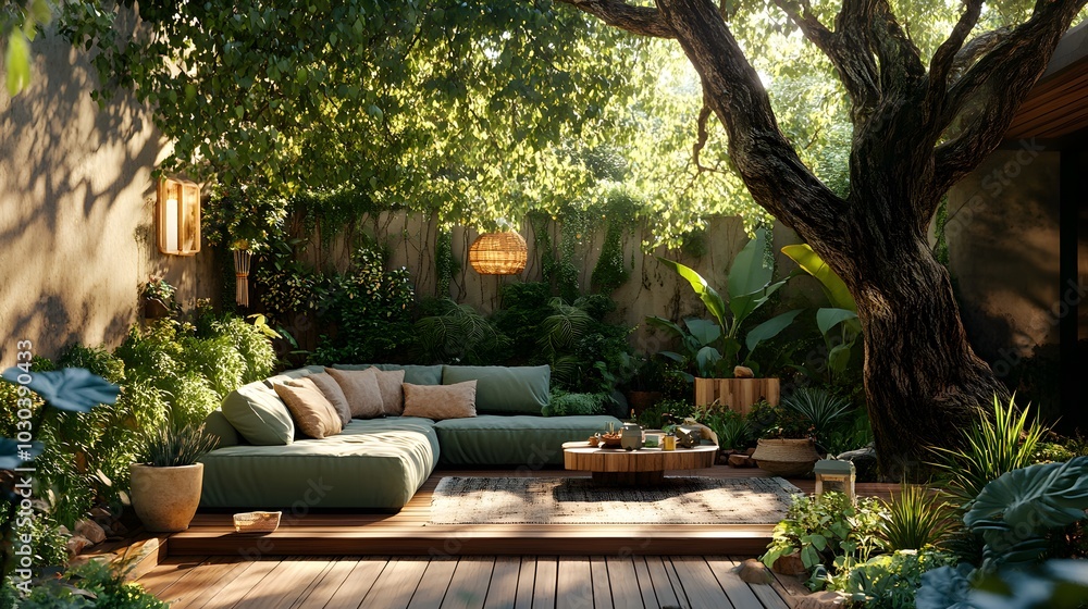 A cozy outdoor patio featuring a light sage green sofa against a lush garden backdrop. The natural sunlight and rustic charm create an inviting and tranquil seating area. A cozy outdoor patio featuring a light sage green sofa against a lush garden backdrop. The natural sunlight and rustic charm create an inviting and tranquil seating area.