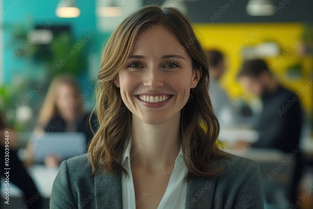 Confident Woman Smiling in Vibrant Office Environment Confident Woman Smiling in Vibrant Office Environment