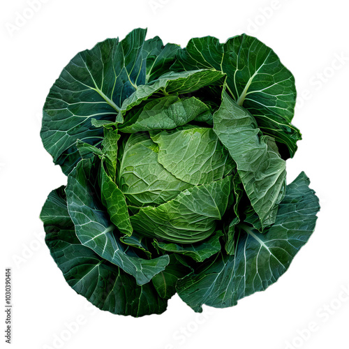 Fresh green cabbage with intact outer leaves is lying on a white background