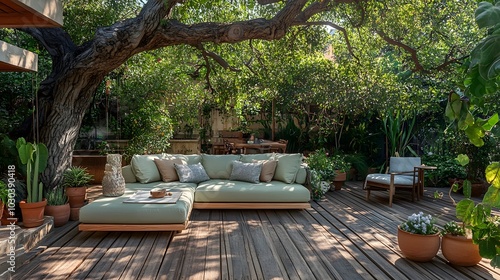 A cozy outdoor patio featuring a light sage green sofa against a lush garden backdrop. The natural sunlight and rustic charm create an inviting and tranquil seating area.