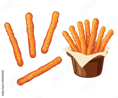 Bread sticks with sesame seeds or grissini on white background. Vector illustration