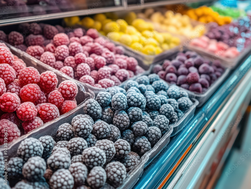 Vibrant display of fresh berries in a market with colorful varieties inviting shoppers Vibrant display of fresh berries in a market with colorful varieties inviting shoppers