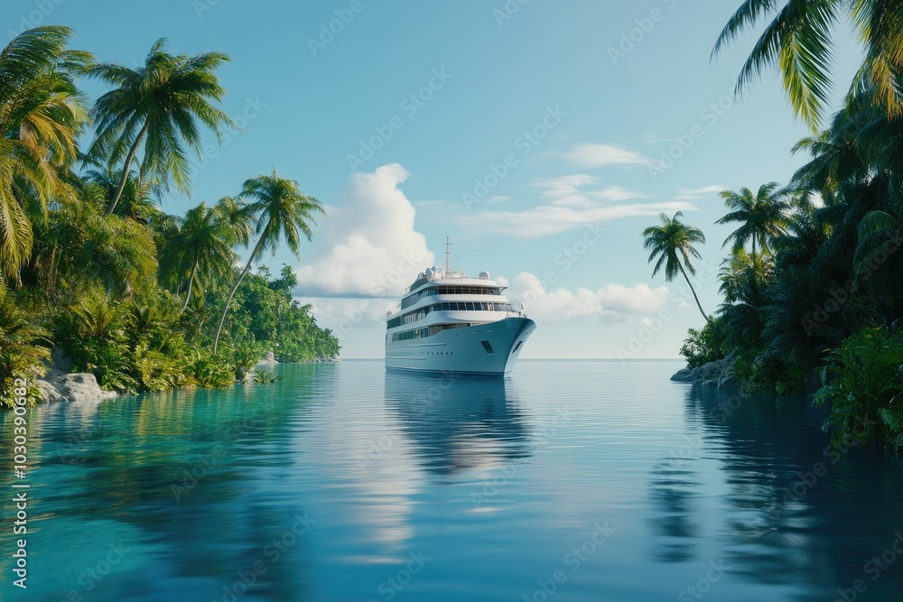Fototapeta premium Tropical Cruise Ship Gliding Through Calm Waters
