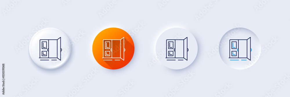 Open door line icon. Neumorphic, Orange gradient, 3d pin buttons. Entrance doorway sign. Building exit symbol. Line icons. Neumorphic buttons with outline signs. Vector Open door line icon. Neumorphic, Orange gradient, 3d pin buttons. Entrance doorway sign. Building exit symbol. Line icons. Neumorphic buttons with outline signs. Vector