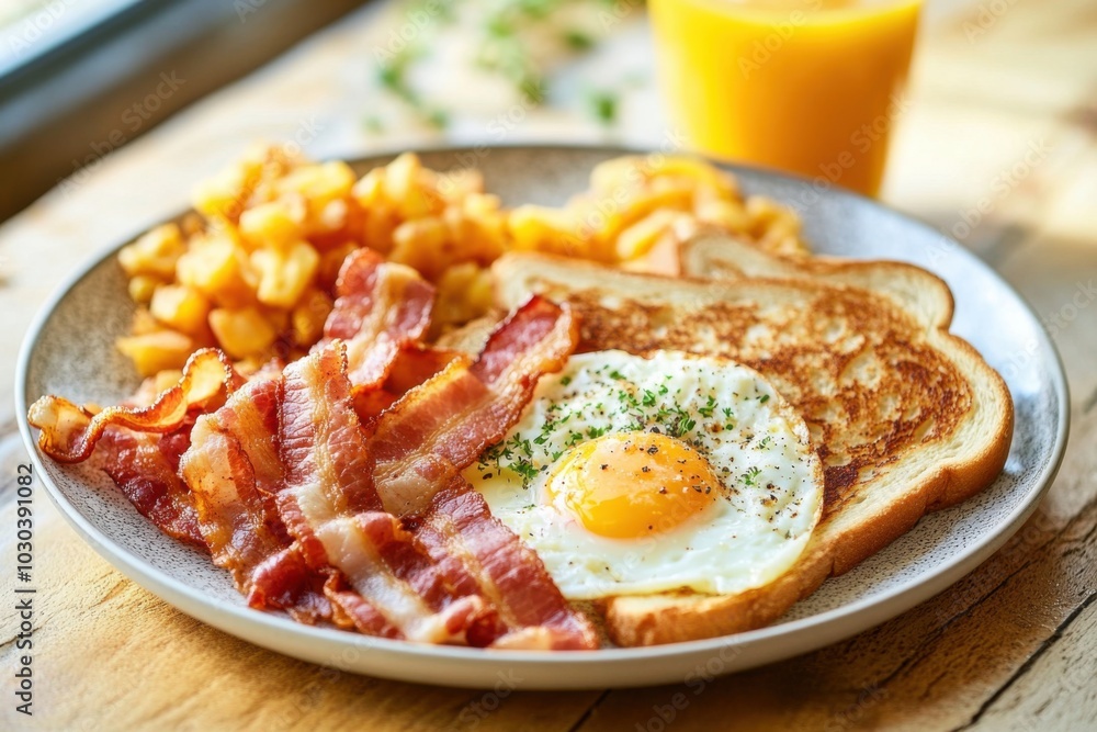 A classic American breakfast plate with scrambled eggs, crispy bacon, golden toast, and hash browns, with a glass of orange juice and a sunny window in the background A classic American breakfast plate with scrambled eggs, crispy bacon, golden toast, and hash browns, with a glass of orange juice and a sunny window in the background