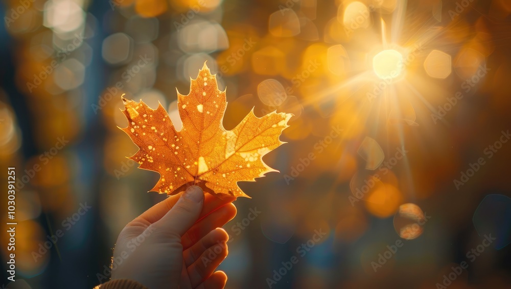 Fototapeta premium Hand holding an autumn maple leaf against a blurred background in the style of sunset light and sun rays in the park. An autumn concept. A background of golden fall colors.