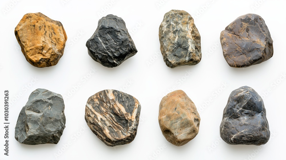 Collection of Diverse Natural Rocks with Varying Colors, Textures, and Geological Features Against Plain White Background Collection of Diverse Natural Rocks with Varying Colors, Textures, and Geological Features Against Plain White Background