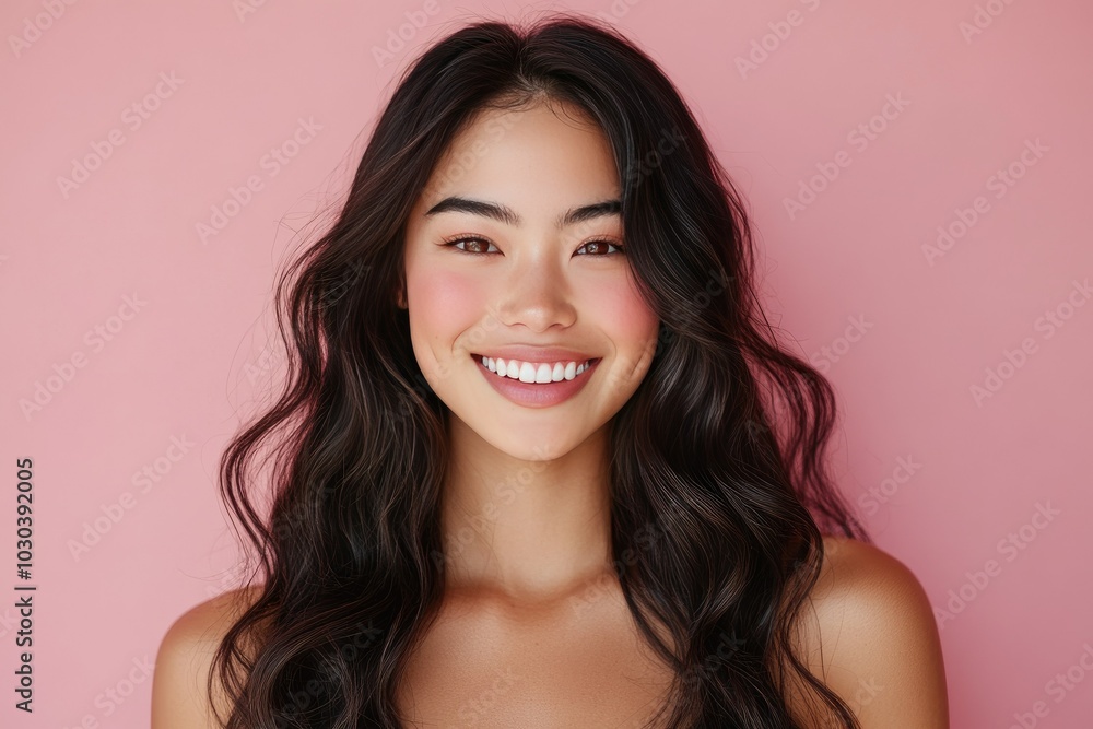 Young Woman Smiling Brightly Against Pink Background