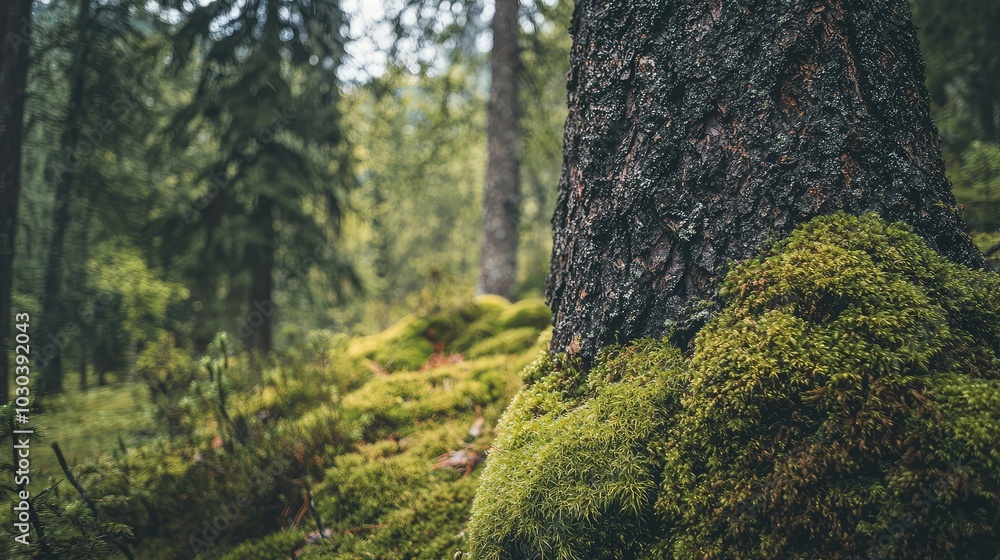 Close-Up of Moss-Covered Tree Trunk in Mountain Forest Close-Up of Moss-Covered Tree Trunk in Mountain Forest