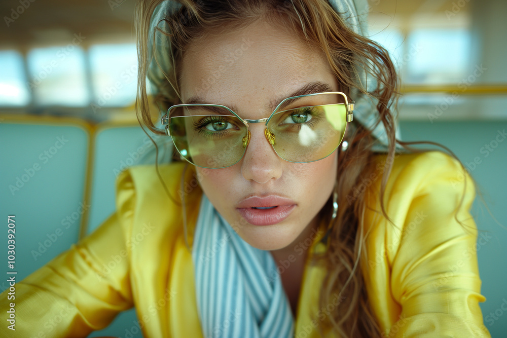 A close-up of a woman with bold yellow and blue attire and oversized glasses, exuding confidence. Unique style and vibrant fashion captured in detail. A close-up of a woman with bold yellow and blue attire and oversized glasses, exuding confidence. Unique style and vibrant fashion captured in detail.
