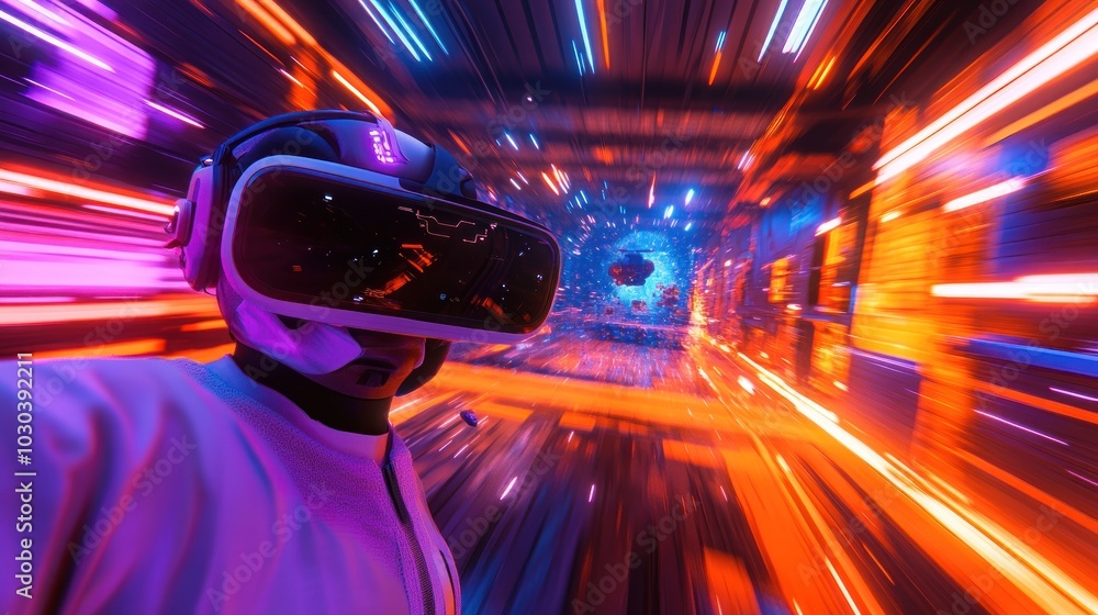 A person wearing a VR headset experiences a futuristic digital world with bright neon lights and fast motion. A person wearing a VR headset experiences a futuristic digital world with bright neon lights and fast motion.