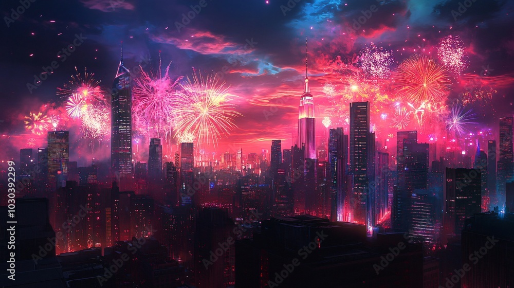 Obraz premium Vibrant Cityscape Fireworks Display on New Year's Eve