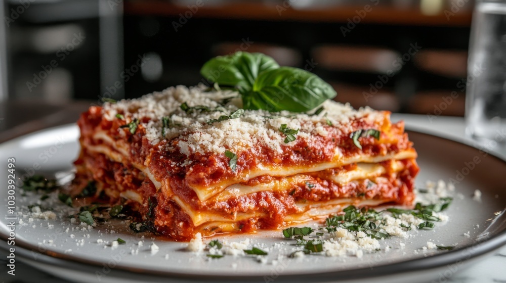 Delicious Lasagna with Basil and Cheese on Plate Delicious Lasagna with Basil and Cheese on Plate