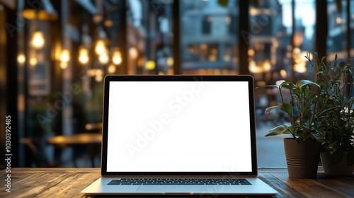 Laptop on table with blank screen mockup template for design