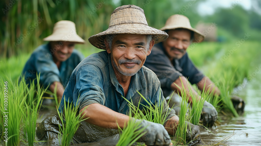 A community of farmers working together in a cooperative rice farm, with sustainable practices and organic certification A community of farmers working together in a cooperative rice farm, with sustainable practices and organic certification