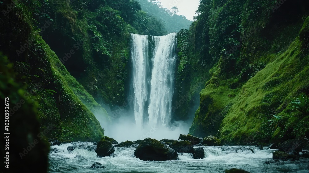 Fototapeta premium Majestic Waterfall Surrounded by Lush Mountains