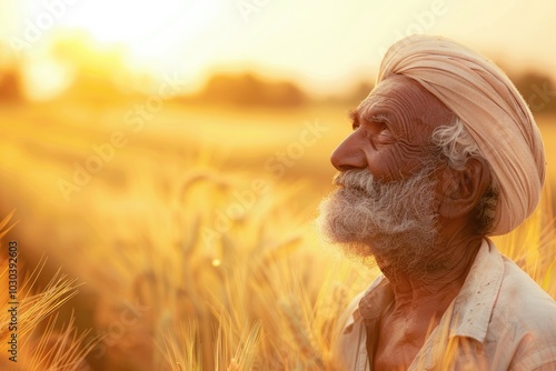 Happy Indian farmer standing in a golden wheat field at sunset, viewed from the side. Golden sunlight illuminates the face of an