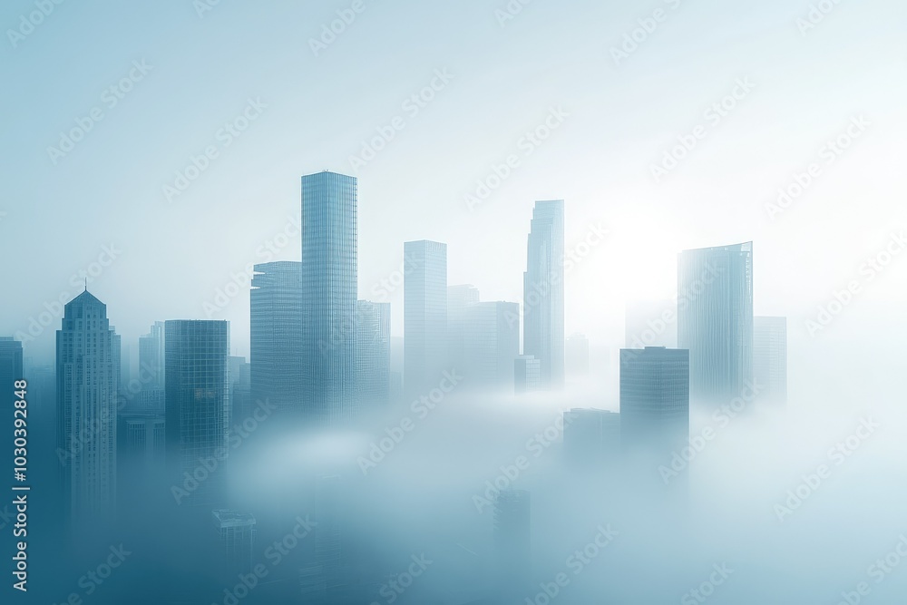 Serene City Skyline in Morning Fog Serene City Skyline in Morning Fog