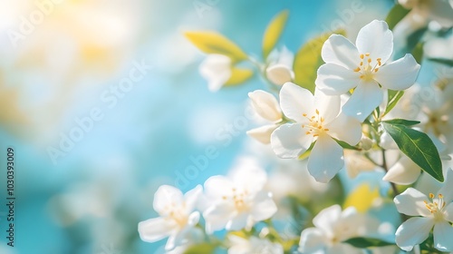 Delicate white jasmine flowers against a vibrant blue sky, captured in soft focus macro photography. The fresh, pure atmosphere embodies the beauty of spring blossoms.