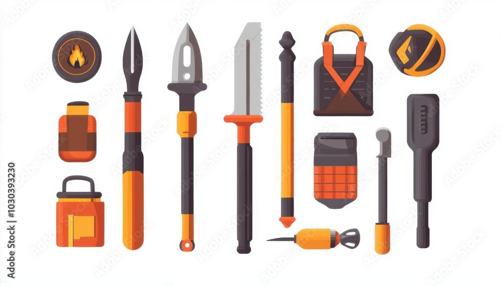 10 firestarter kit, survival gear, flat vector design, flint and steel, isolated on white background, 10 firestarter kit, survival gear, flat vector design, flint and steel, isolated on white background,