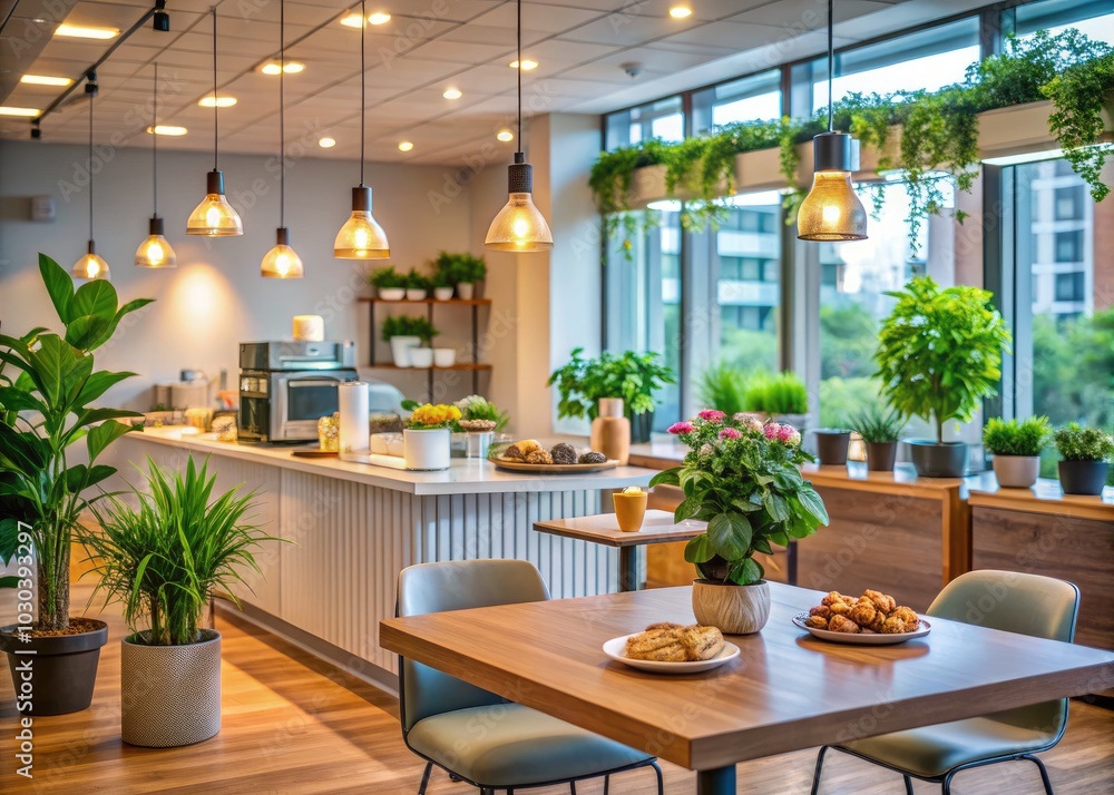 Obraz premium Immerse yourself in a soothing office cafeteria with a soft bokeh effect, fostering a peaceful environment ideal for relaxation and enhanced productivity while working.