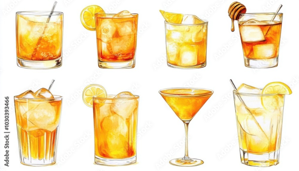 10 honey cocktails, drink element, watercolor style, glass with golden liquid, honey rimmed glass, soft light, lemon slice, isolated on white background, 10 honey cocktails, drink element, watercolor style, glass with golden liquid, honey rimmed glass, soft light, lemon slice, isolated on white background,