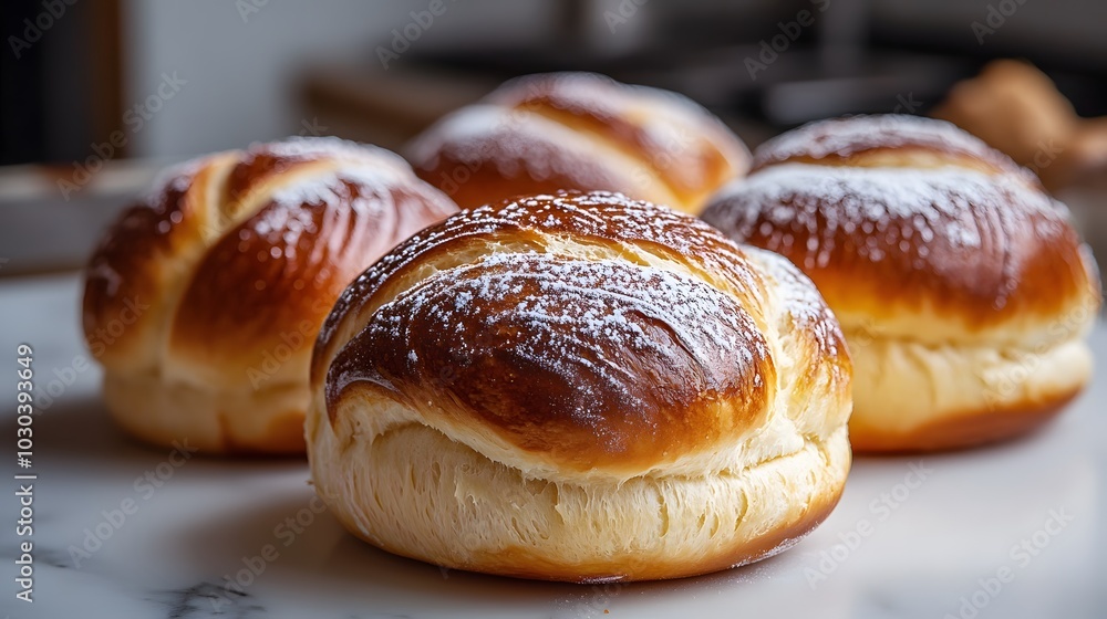 Freshly baked brioche rolls with a golden brown crust and powdered sugar dusting, set on a white marble countertop. The close-up shot captures the artisanal bakery aesthetic. Freshly baked brioche rolls with a golden brown crust and powdered sugar dusting, set on a white marble countertop. The close-up shot captures the artisanal bakery aesthetic.