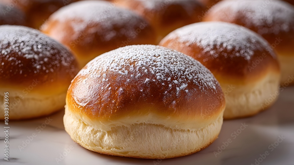 Freshly baked brioche rolls with a golden brown crust and powdered sugar dusting, set on a white marble countertop. The close-up shot captures the artisanal bakery aesthetic. Freshly baked brioche rolls with a golden brown crust and powdered sugar dusting, set on a white marble countertop. The close-up shot captures the artisanal bakery aesthetic.