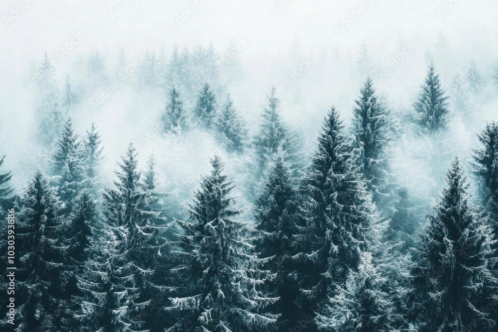 Obraz premium A misty forest landscape with tall trees nature snow fog.