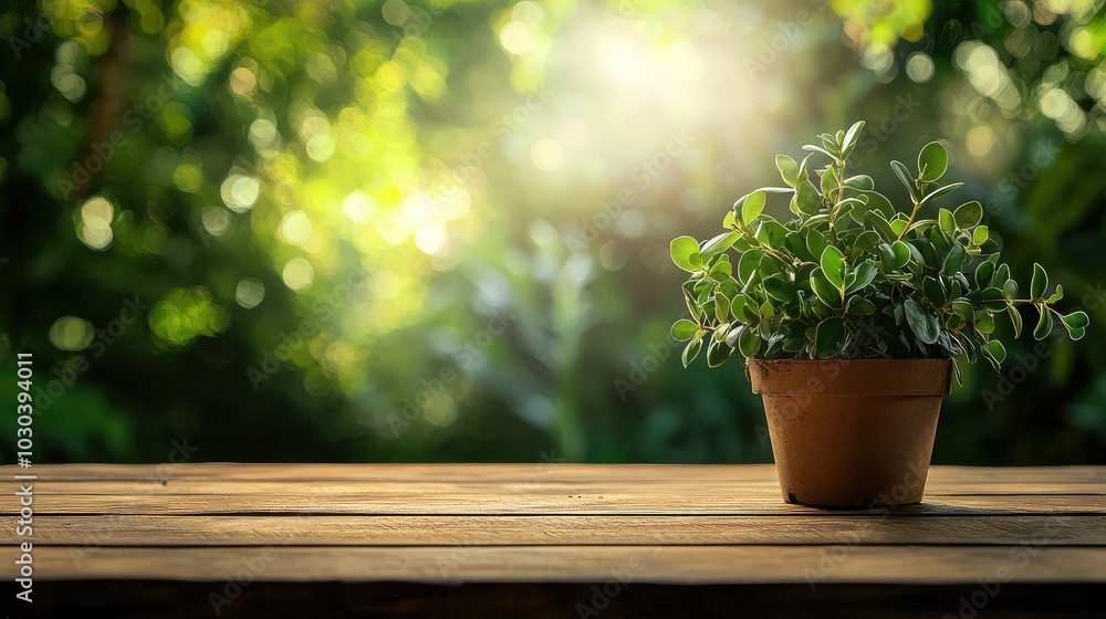 Wooden Table with Potted Plant in Natural Light Wooden Table with Potted Plant in Natural Light