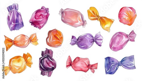 A collection of candies, confectionery element, watercolor illustration, wrapped sweets, various colors, soft shading, isolated on white background, photo