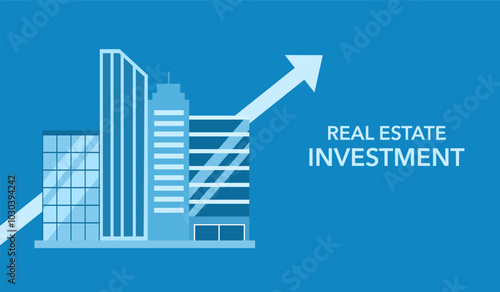 Real estate investing business concept. City buildings with growth rising up arrow on background vector illustration poster, banner design template.