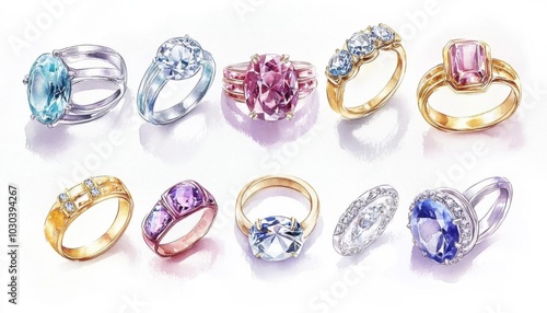 A collection of diamond rings, jewelry element, watercolor illustration, sparkling diamonds, gold and silver bands, soft light reflections, isolated on white background,