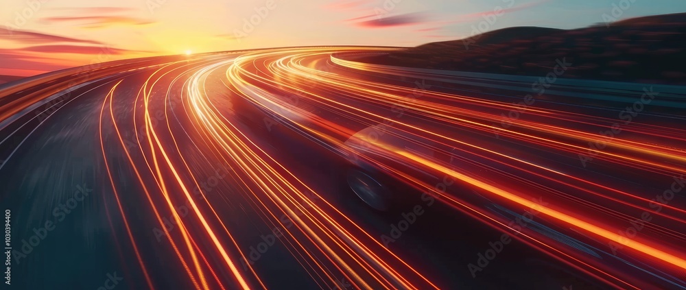 High-speed car on the highway with motion blur, speed lines and light trails. Abstract background of a curved road at sunset. High-speed car on the highway with motion blur, speed lines and light trails. Abstract background of a curved road at sunset.