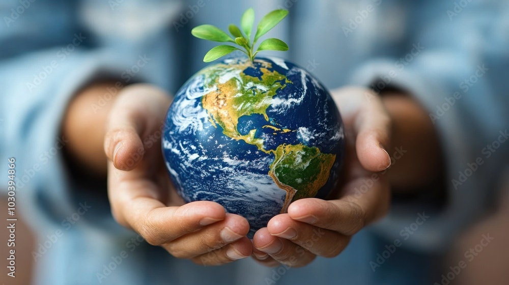 A person is holding a globe with a plant growing out of it A person is holding a globe with a plant growing out of it