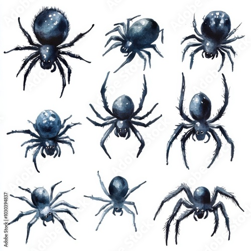 A collection of spooky spiders, creepy crawlers, watercolor illustration, black hairy bodies, intricate legs, soft shadows, isolated on white background, photo