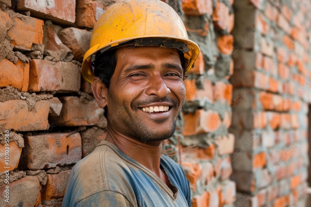 Indian construction worker wearing a helmet, building a red brick wall at a house under construction, with a happy and smiling facial Indian construction worker wearing a helmet, building a red brick wall at a house under construction, with a happy and smiling facial