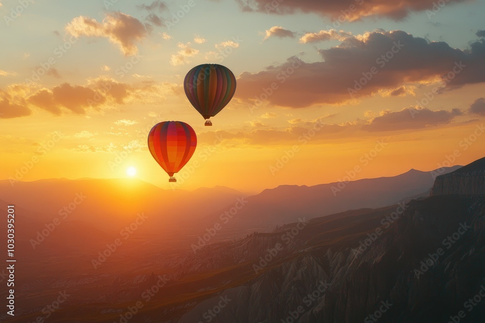 Colorful Hot Air Balloons at Stunning Sunset View Colorful Hot Air Balloons at Stunning Sunset View