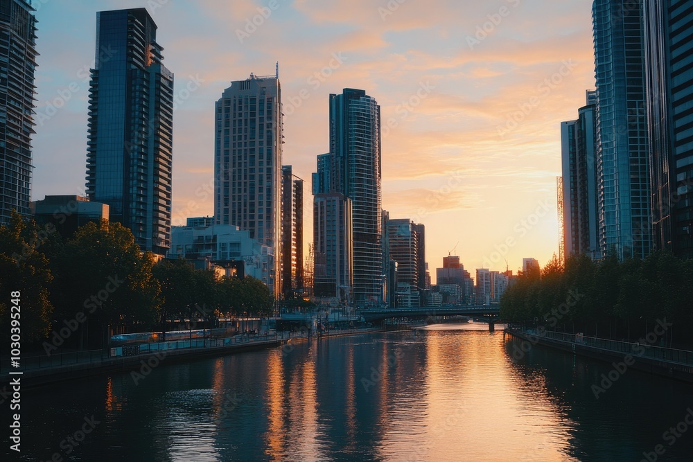 Stunning Panoramic View of City Skyline at Sunset Stunning Panoramic View of City Skyline at Sunset