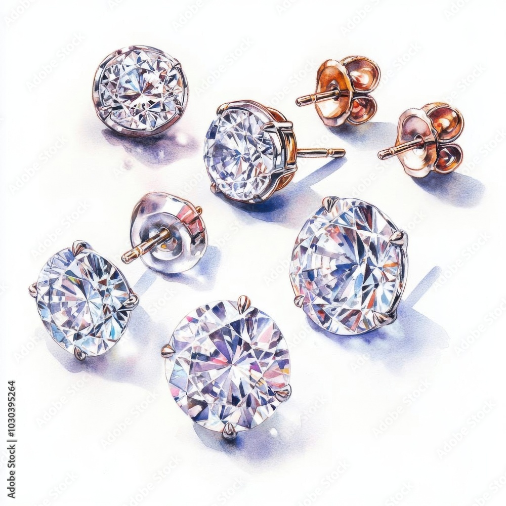 A group of diamond stud earrings, classic jewelry, watercolor painting, sparkling gems, simple gold and silver settings, soft shading, isolated on white background, A group of diamond stud earrings, classic jewelry, watercolor painting, sparkling gems, simple gold and silver settings, soft shading, isolated on white background,