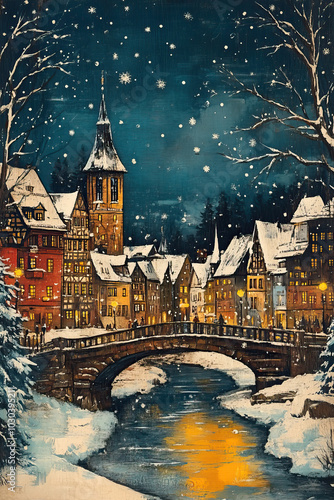 Dortmund, Germany, classic traditional Christmas wood block print effect. Woodblock Xmas theme printing. Graphic designed, illustration for travel poster, card, wallpaper, backdrop or banner