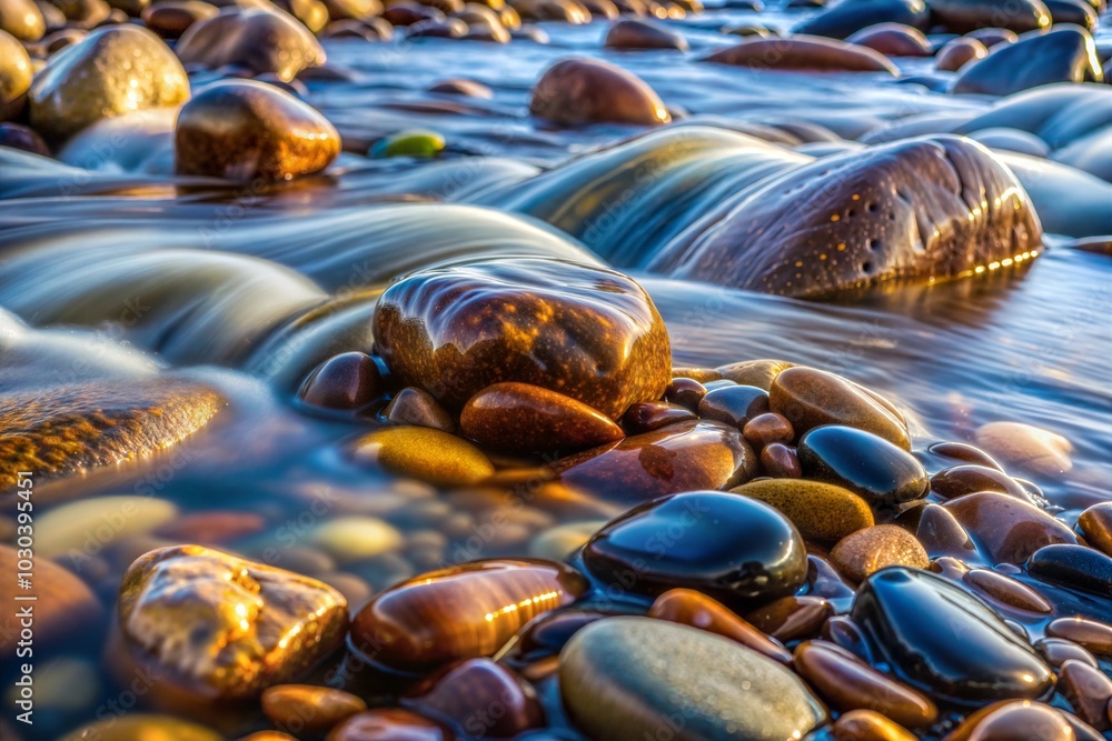 Smooth wet river stones with flowing water in nature background Smooth wet river stones with flowing water in nature background