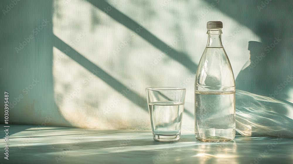 A glass of cold water and a bottle of water resting on a table by the window, with natural light shining through the water and creating soft reflections. A glass of cold water and a bottle of water resting on a table by the window, with natural light shining through the water and creating soft reflections.