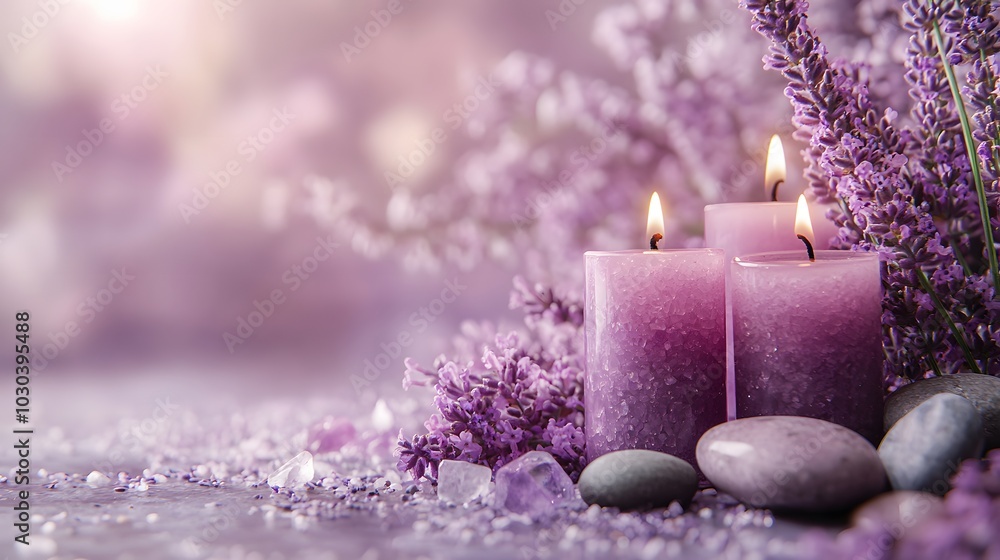 A lavender spa composition with pastel purple elements, including aromatherapy candles and zen stones. The tranquil atmosphere invites relaxation and features delicate textures. A lavender spa composition with pastel purple elements, including aromatherapy candles and zen stones. The tranquil atmosphere invites relaxation and features delicate textures.