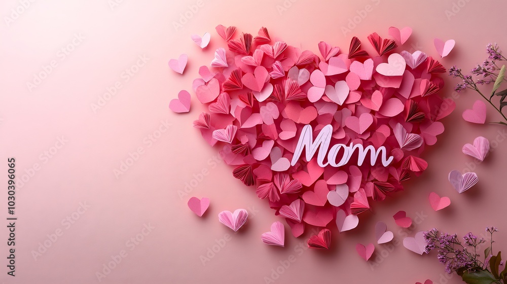 Heartwarming Mother's Day banner origami hearts in shades of pink and red forming a big heart soft pink background and paper cut Mom text symbolizing love and care Heartwarming Mother's Day banner origami hearts in shades of pink and red forming a big heart soft pink background and paper cut Mom text symbolizing love and care