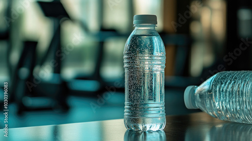 A glass of water next to a plastic water bottle with condensation on its surface, placed on a gym bench with workout equipment blurred in the background.