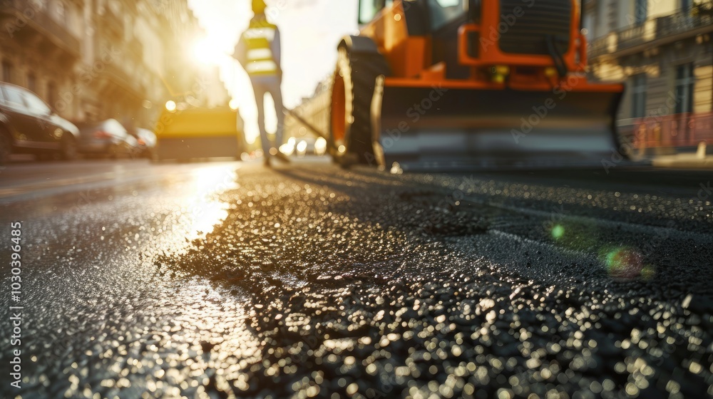 Interactive photo of asphalt pavement. Note that the focus is on a worker using a trowel to smooth fresh hot glowing blacktop for a parisian road, Interactive photo of asphalt pavement. Note that the focus is on a worker using a trowel to smooth fresh hot glowing blacktop for a parisian road,